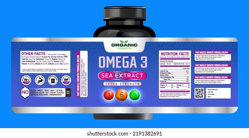 Omega-3 Fish Oil Nutrition Supplement Label Template, dietary supplement label, multivitamin supplements label, Bottle label, Package template design, design, Protein,