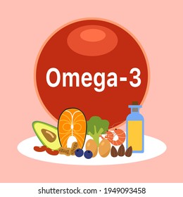 Omega-3 food sources infographic vector illustration. Healthy food. Essential nutrition for health.

