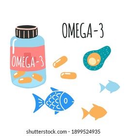 Omega-3. Jar with pills, fish, avocado. Flat cartoon vector illustration, hand drawn style, isolated on white. Positive, health, beauty and wellness concept.