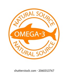 Omega-3 natural source stamp. Logo or label. Fish icon. Healthy fat. Vitamins. Fish oil