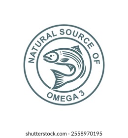 Omega-3 natural source stamps. Logo or label. Fish icon. Healthy fat. Vitamins. Fish oil