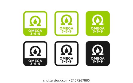 Omega-3, omega-6, omega-9 supplements badge set. Suitable for health, product label and information