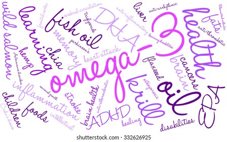 Omega-3 word cloud on a white background. 
