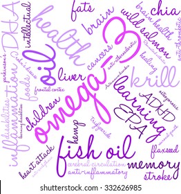 Omega-3 word cloud on a white background. 