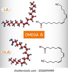 Omega-6-Fettsäuren, mehrfach ungesättigt Linolsäure (LA), Gamma-Linolensäure (GLA)-Molekül. Strukturchemische Formel und Molekül-Modell. Vektorgrafik