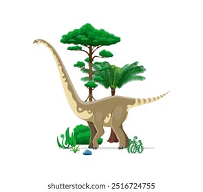 Omeisaurus prehistoric dinosaur character. Long-necked dino standing among lush jungle plants and trees of Middle jurassic era period. Isolated cartoon vector ancient herbivore animal reptile animal