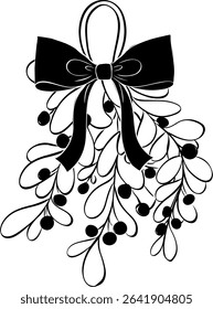 Omela, Holly, black and white bunch with ribbon composition isolated. Vector graphic line ink illustration. Christmas holiday objects collection. Xmas vector illustration for greeting card

