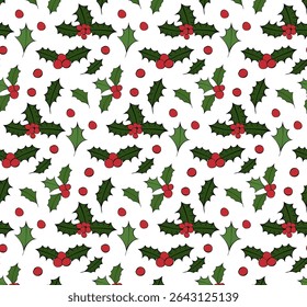 Omela holly branch Seamless pattern. Vector graphic line ink illustration. Cristmas Simplicity design. design for fashion graphics, textile prints, fabrics, wallpapers.
