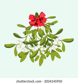 Omela, Holly, Mistletoe bunch with red ribbon, isolated on a very light shade of green-cyan background. Christmas holiday objects collection. Traditional winter set. Happy new year. 