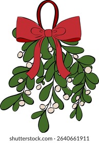 Omela, Holly, Mistletoe bunch with red ribbon composition isolated. Vector graphic line ink illustration. Christmas holiday objects collection. Xmas vector illustration for greeting card

