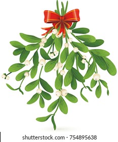 Omela, Holly, Mistletoe bunch with red ribbon, isolated on a white background. Christmas holiday objects collection. Traditional winter set. Happy new year. Xmas vector illustration for greeting card