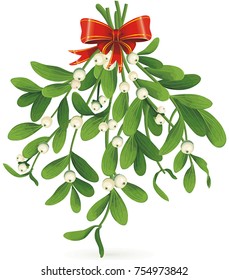 Omela, Holly, Mistletoe or Viscum Album bunch with red ribbon for Christmas celebration. Isolated on a white background. Happy new year. Xmas vector illustration for greeting card