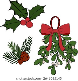 Omela, Holly, pine tree branch and cone composition set. Vector graphic line ink illustration. Christmas celebration. Happy new year. For logo, web, package, sticker. social media, party or sale
