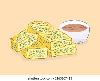 Omelet with acacia leaves (Kai Jeow Cha Om) and Shrimp paste chili dipping sauce (Nam Prik Kapi), Thai Cuisine on a white background, Food hand drawn, vector illustration.