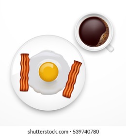 Omelet with bacon on plate and a cup of coffee, vector illustration