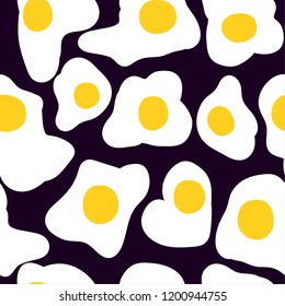 Omelet. Breakfast. Black background, light eggs. Simple seamless pattern.