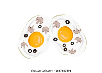 Omelet breakfast with eggs, olives and champignons. Vector illustration. Morning food.