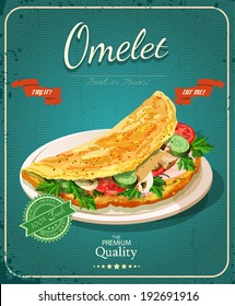 Omelet. Diet healthy food - scrambled eggs. Poster in vintage style.