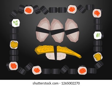 Omelet maki set - low polygonal cartoon style minimal - slice of eel in nori seaweed, omelet, unagi sauce, ikura, sesame, sushi with salmon for design menu restaurant delivery, flyer, web background