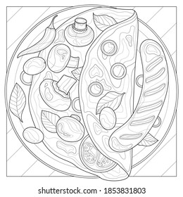 
Omelet with mushrooms, olives, basil and sausage.Coloring book antistress for children and adults. Illustration isolated on white background.Zen-tangle style.