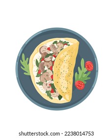 Omelet with mushrooms, tomatoes and fresh salad. Omelet dish illustration for menu, instagram, web, cookbooks and magazines.

