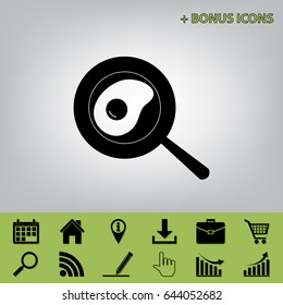 Omelet at pan icon. Vector. Black icon at gray background with bonus icons 