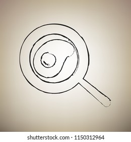Omelet at pan icon. Vector. Brush drawed black icon at light brown background.