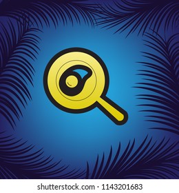 Omelet at pan icon. Vector. Golden icon with black contour at blue background with branches of palm trees.