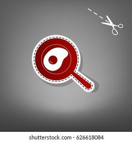 Omelet at pan icon. Vector. Red icon with for applique from paper with shadow on gray background with scissors.