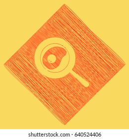 Omelet at pan icon. Vector. Red scribble icon obtained as a result of subtraction rhomb and path. Royal yellow background.