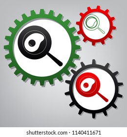 Omelet at pan icon. Vector. Three connected gears with icons at grayish background.