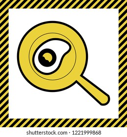 Omelet at pan icon. Vector. Warm yellow icon with black contour in frame named as under construction at white background. Isolated.
