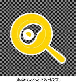 Omelet at pan icon. Vector. Yellow icon with white contour on dark transparent background.