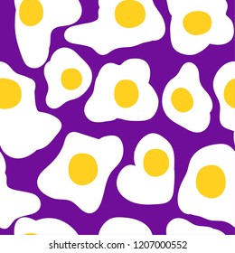 Omelet. Purple background, cute fried eggs. Good for printing postcards, packaging, textiles. Simple seamless pattern.