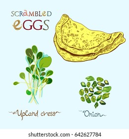 Omelet or scrambled eggs vector illustration with onion and salad leaves in engraved style. Signed with lettering.  
