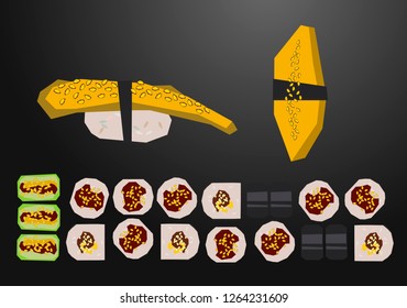 Omelet set low polygonal cartoon style minimal slice of eel, avocado in nori seaweed, with unagi sauce and sesame. Can be used as design menu restaurant delivery, flyer, web background