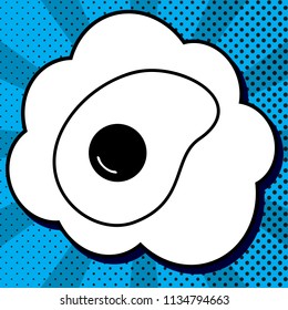 Omelet sign. Flat designed style icon. Vector. Black icon in bubble on blue pop-art background with rays.
