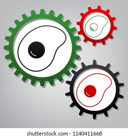 Omelet sign. Flat designed style icon. Vector. Three connected gears with icons at grayish background.