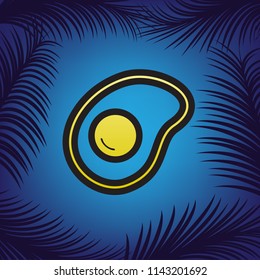 Omelet sign. Flat designed style icon. Vector. Golden icon with black contour at blue background with branches of palm trees.