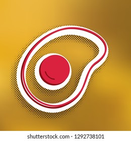 Omelet sign. Flat designed style icon. Vector. Magenta icon with darker shadow, white sticker and black popart shadow on golden background.