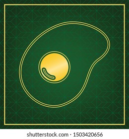 Omelet sign. Flat designed style icon. Golden icon with gold contour at dark green gridded background. Illustration.