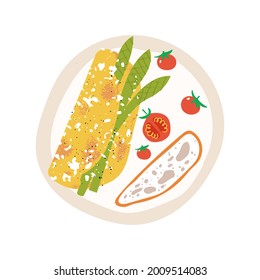 Omelette with asparagus and feta cheese. Healthy protein breakfast on a plate with tomatoes and ciabatta bread. Flat hand drawn textured vector illustration.