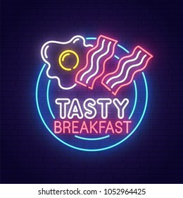 Omelette And Bacon Neon Sign, Bright Signboard, Light Banner. Breakfast Logo, Emblem. Vector Illustration