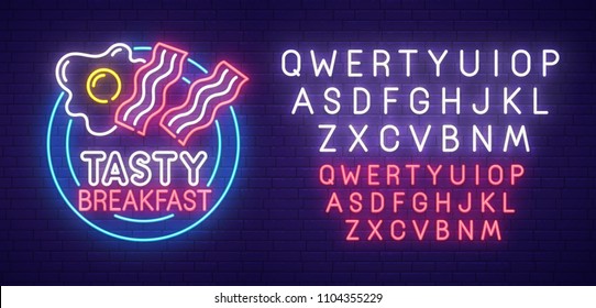 Omelette and bacon neon sign, bright signboard, light banner. Breakfast logo, emblem. Neon sign creator. Neon text edit