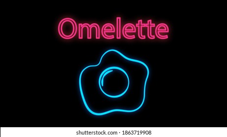 fondo negro omelet, ilustración vectorial, neón. huevos revueltos con yema y proteína. azul neón con inscripción rosa. signo de neón brillante. iluminación para el café.