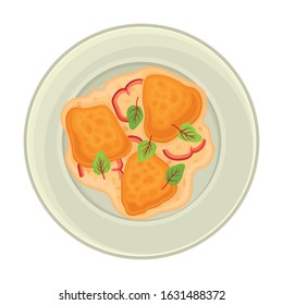 Omelette with Bread Slices and Vegetables Served on Plate Top View Vector Illustration