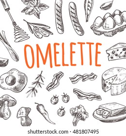 Omelette card with elements of kitchen. Hand drawn vector illustration. Can be used for menu, cafe, restaurant, bar, poster, banner, emblem, sticker, placard and other design.