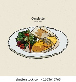 omelette with cheese , salad and toasts. Breakfast, hand draw sketch vector.