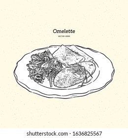 omelette with cheese , salad and toasts. Breakfast, hand draw sketch vector.