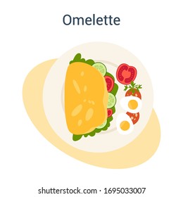 Omelette dish. Fast and easy breakfast with egg, vegetables and pepperoni. Healthy meal. Isolated flat illustration